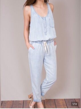 lovestitch Light wash Blue Chambray tencel Sleeveless Drawstring Jumpsuit